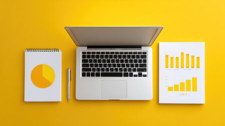 A stylish workspace featuring a laptop, colorful graphs, and a notepad on a bright yellow background, ideal for business planning, data analysis, and creative projects.の素材