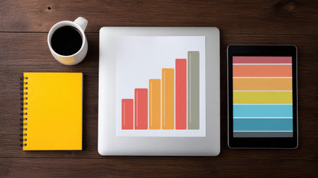 A modern workspace featuring a laptop with a colorful growth chart, a tablet with graphics, a bright yellow notepad, and a coffee cup, emphasizing productivity and creativity.の素材