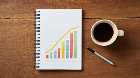 A vibrant notepad with a colorful graph rests on a wooden desk next to a coffee mug, symbolizing business growth, analysis, and productivity in a workspace setting.の素材