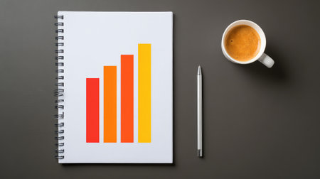Flat lay of a notepad featuring a colorful growth chart, a cup of coffee, and a pen on a dark surface, illustrating business planning and strategy in a modern workspace.の素材