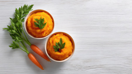 Two bowls of creamy carrot and parsnip puree sit on a white wooden table, garnished with fresh herbs and accompanied by raw carrots, showcasing healthy eating.の素材