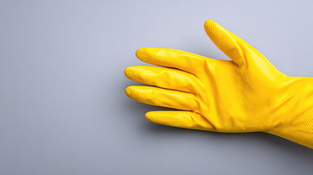 A single bright yellow rubber glove rests on a soft gray background, perfect for showcasing cleaning tasks, protection, and hygiene in various domestic activities.の素材