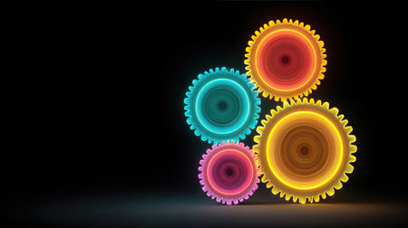 Vibrant neon gears in striking orange and turquoise create a dynamic visual against a dark backdrop, symbolizing innovation and mechanical concepts for diverse creative applications.の素材