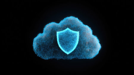 A glowing shield inside a digital cloud represents the essential protection of data against online threats, emphasizing modern cybersecurity measures and innovative technology solutions.の素材