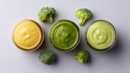 A vibrant display of colorful vegetable purees in jars, surrounded by fresh broccoli, perfect for illustrating healthy eating, meal prep, or culinary creativity.の素材