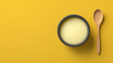 A beautifully styled bowl of creamy texture sits next to a wooden spoon on a vibrant yellow background, perfect for showcasing culinary creativity and inviting food photography.の素材