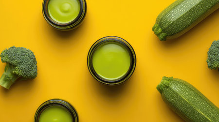 Fresh green vegetables including broccoli and zucchini placed around creamy sauce bowls on a bright yellow background, perfect for promoting healthy eating and cooking ideas.の素材