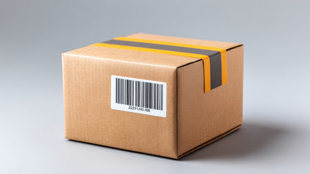 A brown cardboard shipping box adorned with a barcode and colorful tape, perfect for illustrating delivery services and packaging concepts in a minimalistic style.の素材