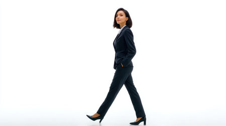 A professional businesswoman confidently walks against a clean white background, exuding elegance and determination. This image captures modern corporate style and empowerment.の素材