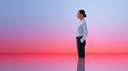 A poised woman in business attire stands against a serene gradient background, embodying tranquility and determination. This image captures the essence of corporate elegance and inspiration.の素材