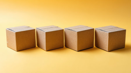 Four neatly arranged brown cardboard boxes sit against a vibrant yellow background, offering a clean and modern look ideal for packaging and storage visuals.の素材