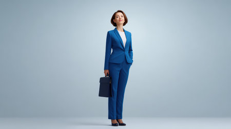 A confident businesswoman stands in a blue suit, exuding professionalism and empowerment. The soft background highlights her leadership qualities and ambitious spirit.の素材