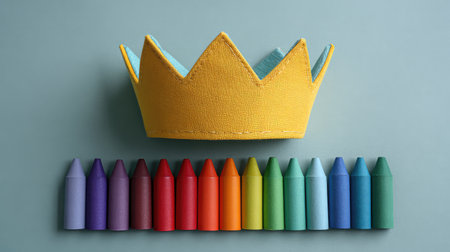 A cheerful arrangement of colorful crayons next to a bright yellow crown on a smooth blue background, ideal for creative projects and childrenの素材