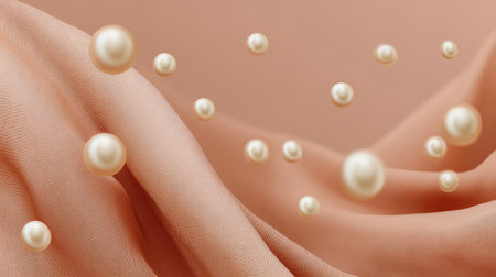 Ethereal composition of delicate pearls floating above soft peach fabric, creating a serene visual that embodies elegance and luxury in fashion and design.の素材