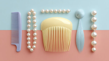 A vibrant flatlay of stylish hair accessories elegantly arranged on a colorful background, perfect for beauty and fashion themes with a modern touch.の素材