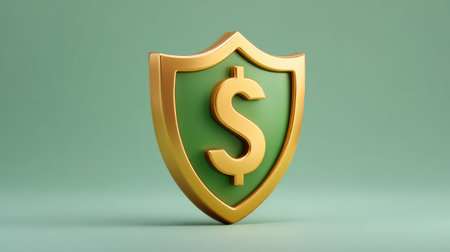 A visually striking image featuring a golden shield with a dollar symbol, representing themes of financial security and protection in a modern business context.の素材