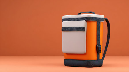 This vibrant orange cooler bag features a modern design with practical storage, perfect for outdoor adventures, picnics, and stylish travel. Ideal for food and drink on the go.の素材