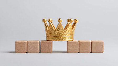 A stunning golden crown is elegantly positioned atop simple wooden blocks, creating a sophisticated visual perfect for themes of achievement, royalty, or celebration.の素材