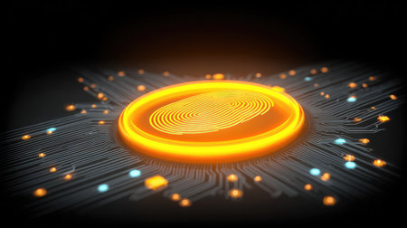 This image showcases a futuristic fingerprint design on a circuit board, symbolizing advanced technology in security and identity verification within the digital landscape.の素材