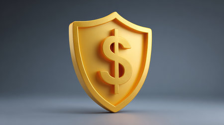This striking image features a golden shield displaying a dollar sign, symbolizing financial protection and security. Ideal for finance-related themes and concepts.の素材