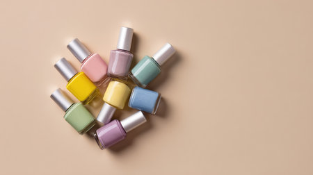A visually appealing arrangement of colorful nail polish bottles sits on a smooth beige background, highlighting the beauty and creativity found in cosmetic artistry.の素材