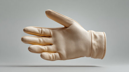 A close-up image of a beige leather glove laying on a neutral background, perfect for showcasing fashion accessories and luxurious craftsmanship in visual projects.の素材