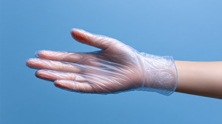 A clean hand wearing a transparent plastic glove is shown against a soft blue backdrop, symbolizing hygiene and safety in various professional and hygienic tasks.の素材