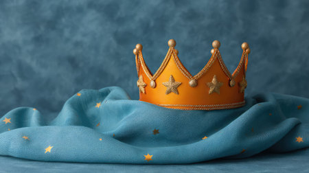 Vibrant golden crown rests elegantly on soft blue fabric adorned with stars, perfect for celebrations, imaginative play, or as decorative piece for themed events.の素材