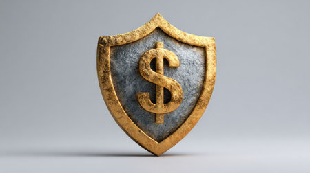 A golden shield featuring a dollar sign, representing financial security and stability. Ideal for themes of wealth management, investment, and economic safety in business contexts.の素材