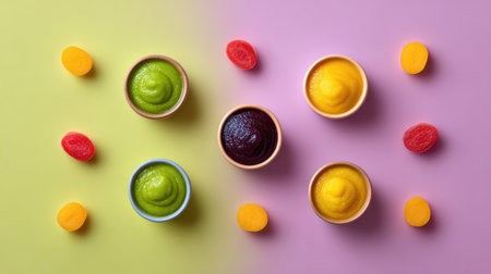 A vibrant arrangement of colorful fruit sorbets in bowls, complemented by fresh fruits. This delightful setup creates a visually stunning and refreshing summer treat.の素材