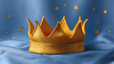 A charming golden crown rests elegantly on a soft blue fabric backdrop adorned with tiny stars, ideal for themes of celebration, royalty, and children's parties.の素材