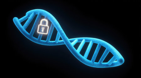 This digital illustration features a DNA helix intertwined with a lock, representing the critical need for security and privacy in genetic data management and healthcare advancements.の素材