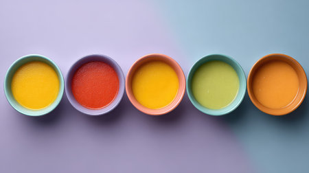 A visually striking arrangement of colorful bowls filled with liquid, showcasing a vibrant color palette against a pastel background, ideal for culinary and decorative themes.の素材