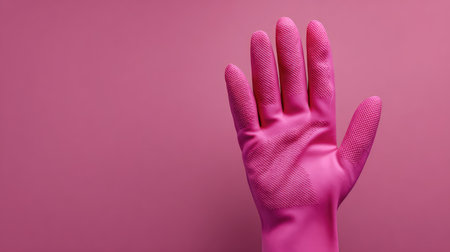 This image features a vibrant pink rubber glove on a soft pink background, ideal for portraying cleanliness, safety, and protection in various contexts.の素材