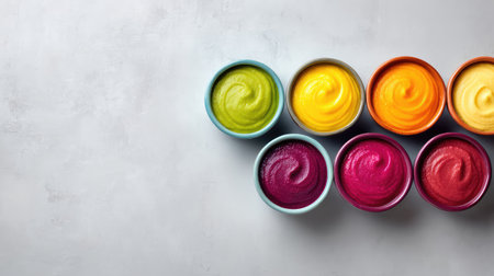 A selection of vibrant smoothie bowls showcasing an array of colors and creamy textures, perfect for a healthy breakfast or snack idea on a minimalist background.の素材