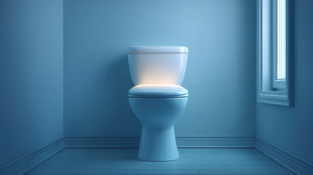 A sleek modern toilet illuminated by soft blue light creates a serene atmosphere in a minimalistic bathroom, featuring clean lines and natural window lighting, enhancing contemporary designs.の素材