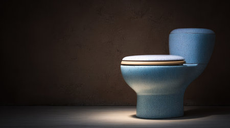A minimalist blue toilet stands elegantly in soft, dim lighting against a textured wall, perfect for showcasing bathroom design concepts and modern home aesthetics.の素材