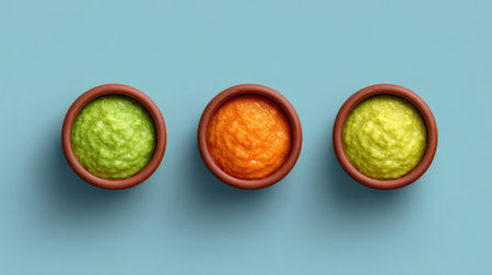 This image features an appealing display of three colorful sauces in clay pots, highlighting their smooth textures and vibrant colors, ideal for enhancing any culinary setting.の素材