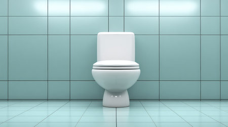 A pristine ceramic toilet stands prominently in a modern bathroom, accentuated by teal tiles that create a fresh and inviting atmosphere, ideal for design inspiration.の素材