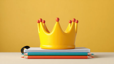 A vibrant yellow crown sitting atop a stack of stationery and colorful pencils, perfect for illustrating themes of creativity, education, and playful design in various projects.の素材