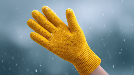 A vibrant yellow knitted glove is held up against a snowy background, with gentle flurries of snow creating a cozy winter atmosphere perfect for seasonal themes.の素材