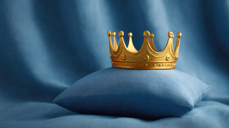 A stunning golden crown is elegantly placed on a soft blue pillow, portraying a sense of royalty and luxury, perfect for creative projects or thematic use.の素材