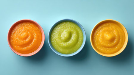 Display of three bowls featuring smooth purees in vibrant orange, green, and yellow colors against a light blue background, perfect for food styling and culinary creativity.の素材