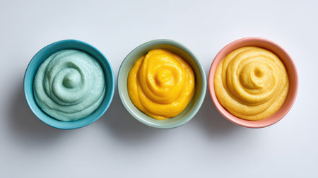 Three bowls filled with colorful, textured purees on a soft background, perfect for showcasing bright culinary creations and healthy food options in photography.の素材