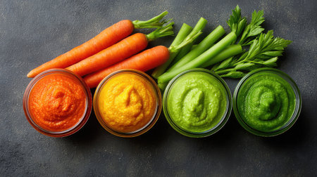 A vibrant display featuring an array of colorful vegetable purees in glass bowls, surrounded by fresh carrots and celery on a dark textured background, perfect for healthy meal inspiration.の素材