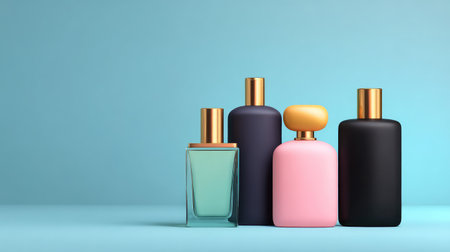 A captivating arrangement of four stylish fragrance bottles on a soft blue background, showcasing elegance and minimalism ideal for beauty and fashion-related projects.の素材