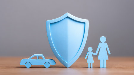 A visual representation of insurance, featuring a blue shield, a car, and a family. This image captures the essence of protection and security in everyday life.の素材