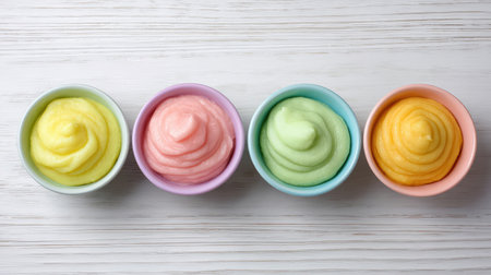 A vibrant array of soft serve desserts in pastel bowls creates a delightful visual treat. Perfect for showcasing sweet flavors and refreshing indulgence in culinary projects.の素材