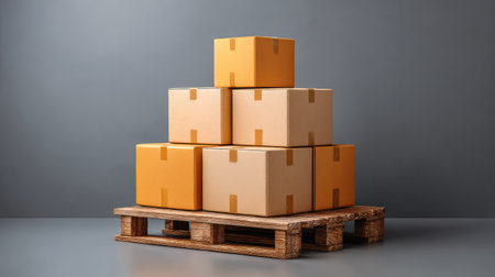 A visually appealing arrangement of stacked cardboard boxes on a wooden pallet, perfect for showcasing themes of shipping, logistics, and e-commerce in a clean, neutral setting.の素材