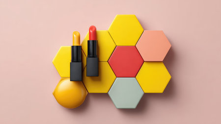 A stunning display of vibrant lipsticks on a colorful hexagonal background showcases the creativity and artistry in the cosmetic world, perfect for beauty promotions.の素材